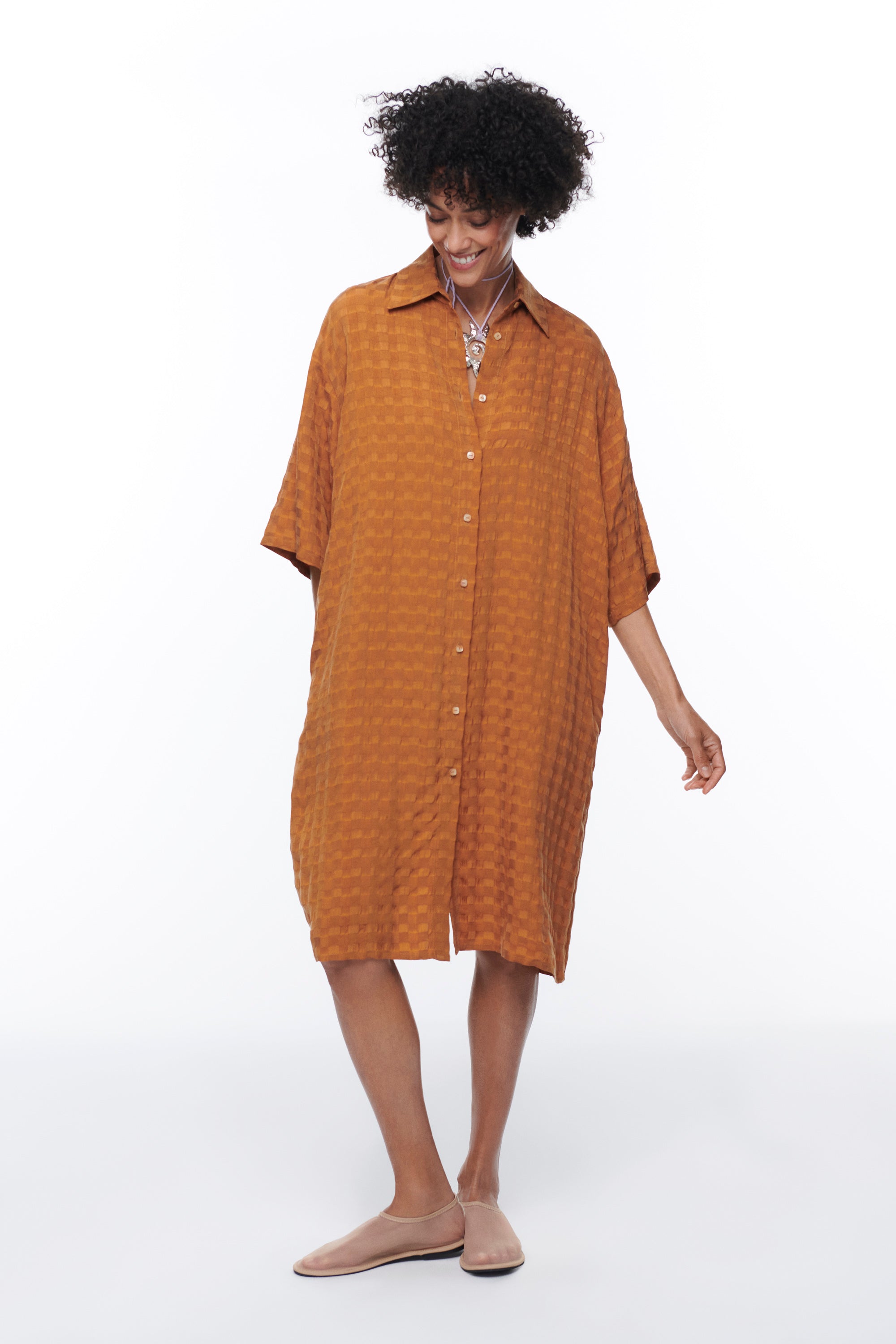 cupro shirt dress Khaki Cupro Shirt Dress Mirimalist
